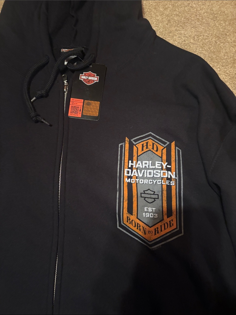 Harley-Davidson Black zip up Hoodie with Orange and Gray Badge Graphic